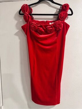 🌹🌹🌹NWT Avec Les Filles Red Velvet Rosette Mini Dress 14 Statement Dress🌹🌹🌹